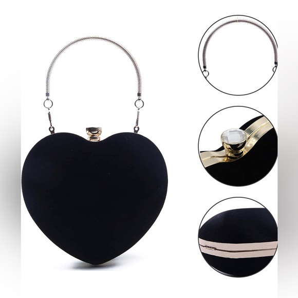 Heart Shape Evening Bag Purse Velvet Party Mini Handbag Clutch Chain Valentine’s - Picture 3 of 5